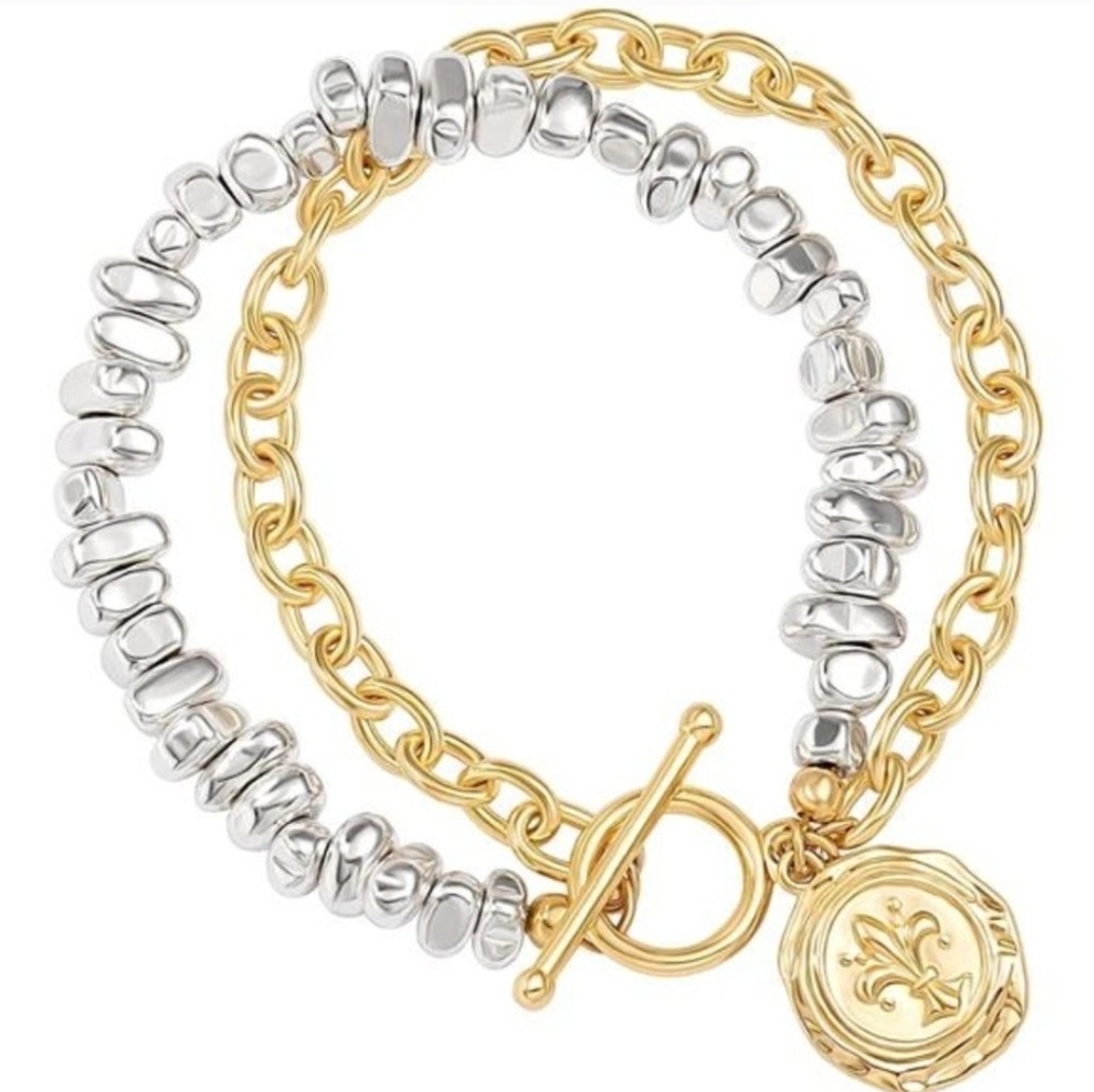 Two-Tone Gold & Silver Toggle Bracelet with Medallion Charm